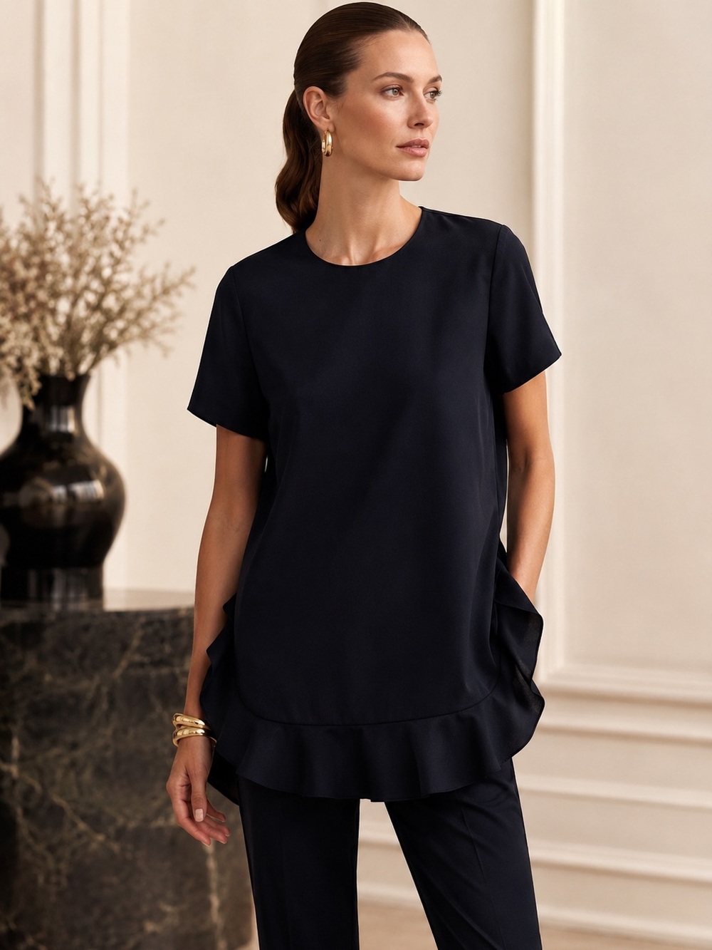 Escada Navy/Black Virgin Wool Ruffle Hem Tunic Top | Size 34 | NWOT - Picture 10 of 10